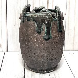 Japanese Studio Art Pottery Vase KOTOBUKI Brutalist Textured Brown W/Drip Glaze
